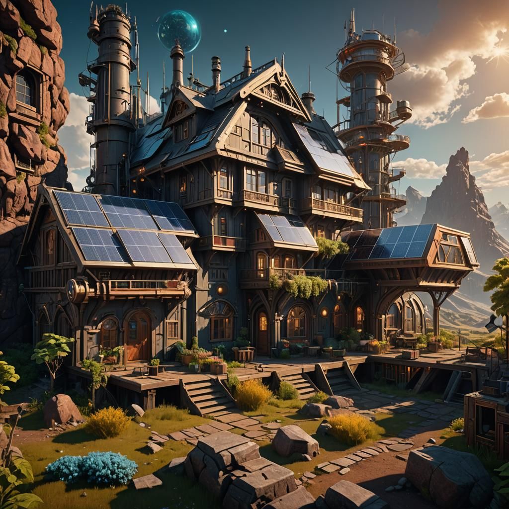 Solar Punk Protopian Homestead in Detailed Matte Painting