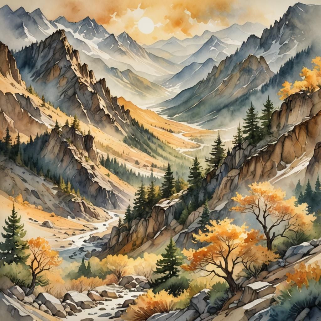 Watercolor Mountain Range in Vivid, Fantasy Colors