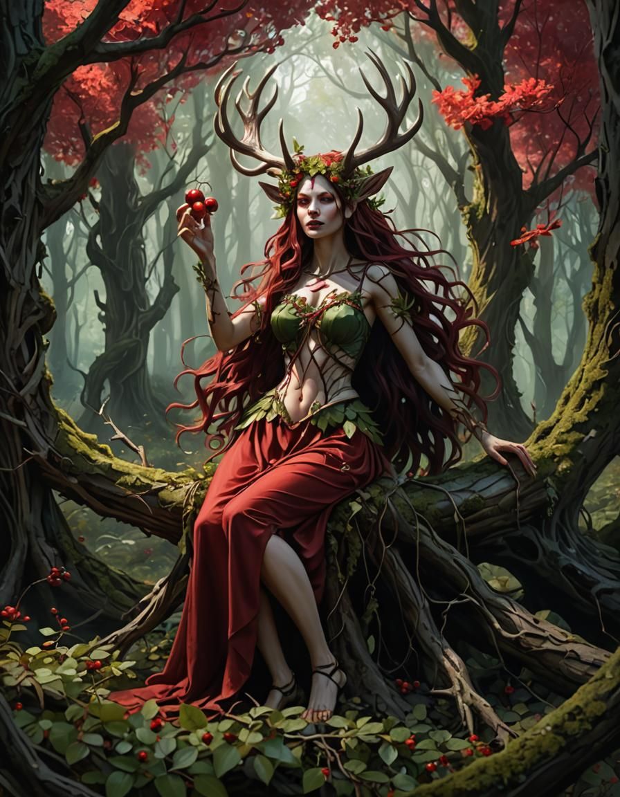 Surreal Horned Dryad About to Consume Cherry