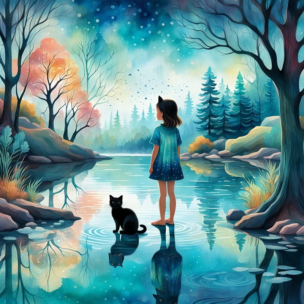 Girl and Cat in Dreamy Lakeside Landscape