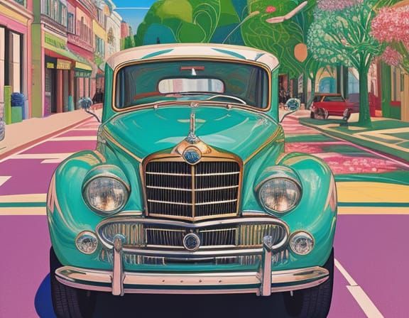 Art Nouveau Car on Sun-Drenched Street