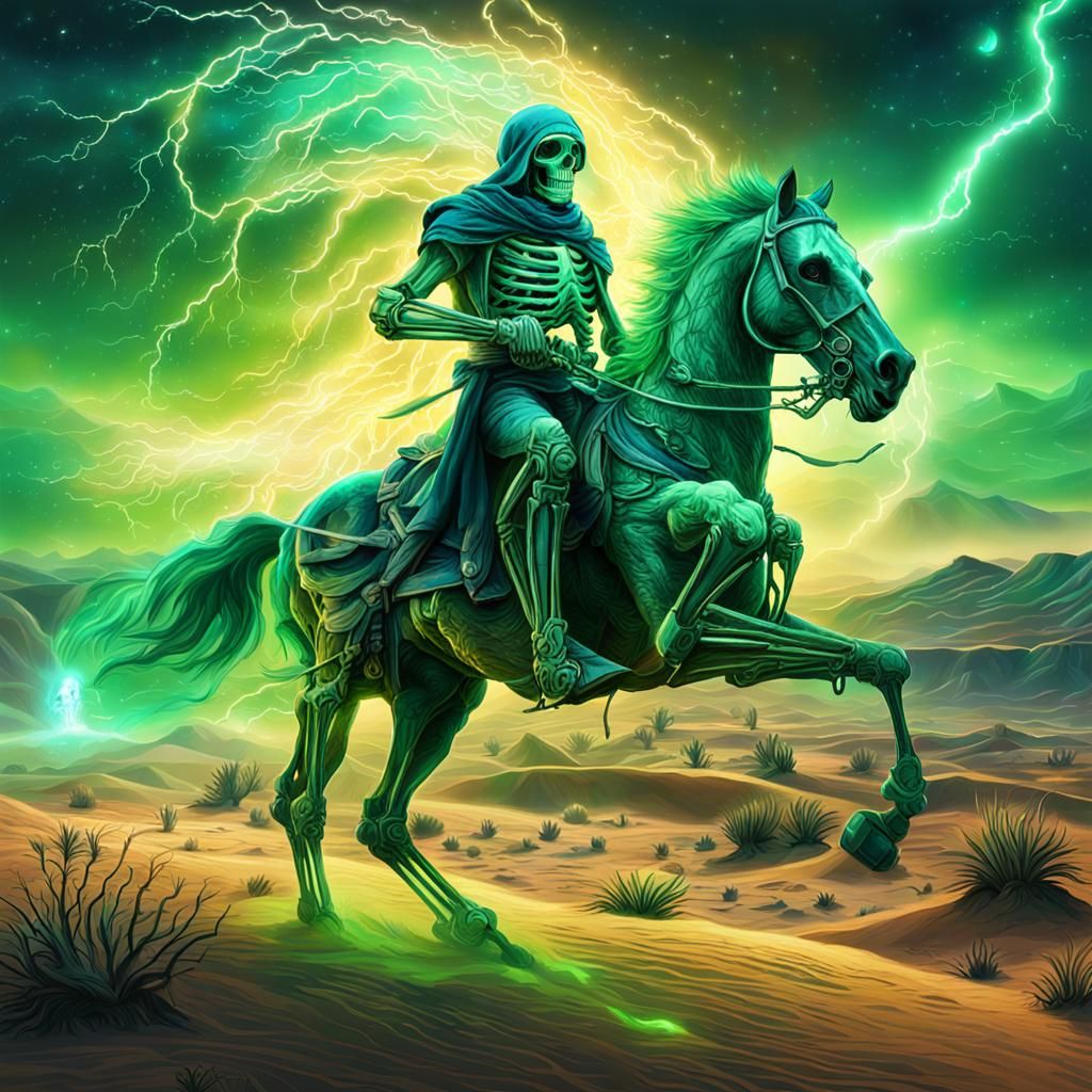 Skeleton Warrior on Horseback Under Green Lightning