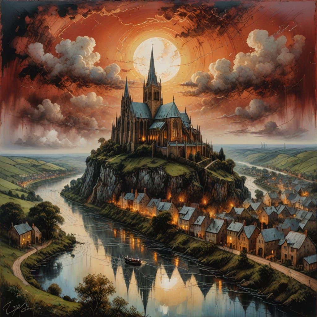 Medieval Village Cathedral at Twilight: An Oil Painting