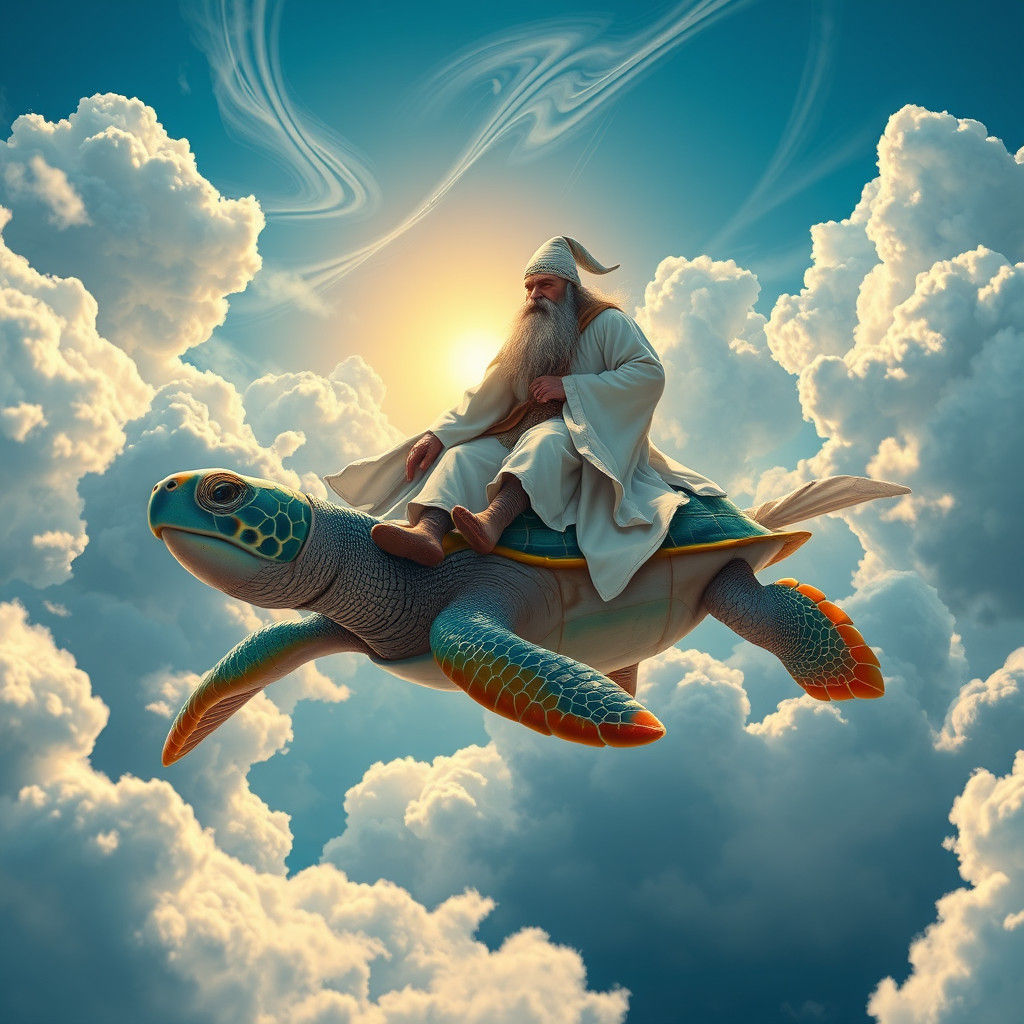 Wizard Rides Turtle Through Blue Sky as Matte Painting