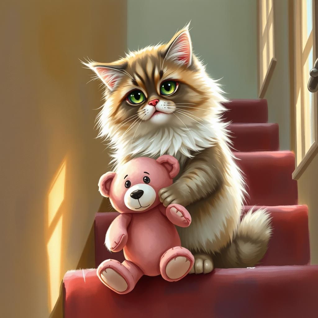 Dramatic Cat Cries for Teddy Bear in Rockwell Style