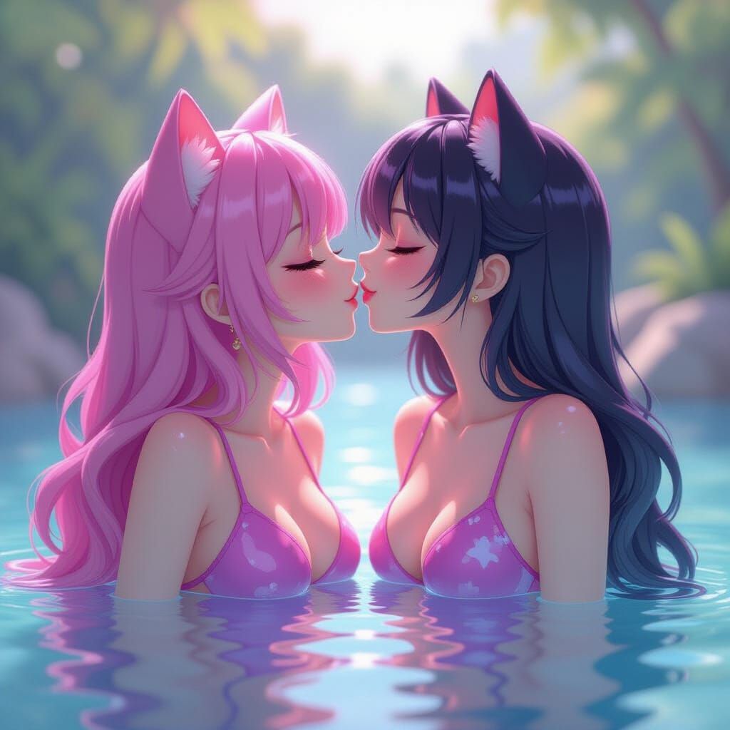 Anime Cat-Girl Smooch in Pastel 3D Render