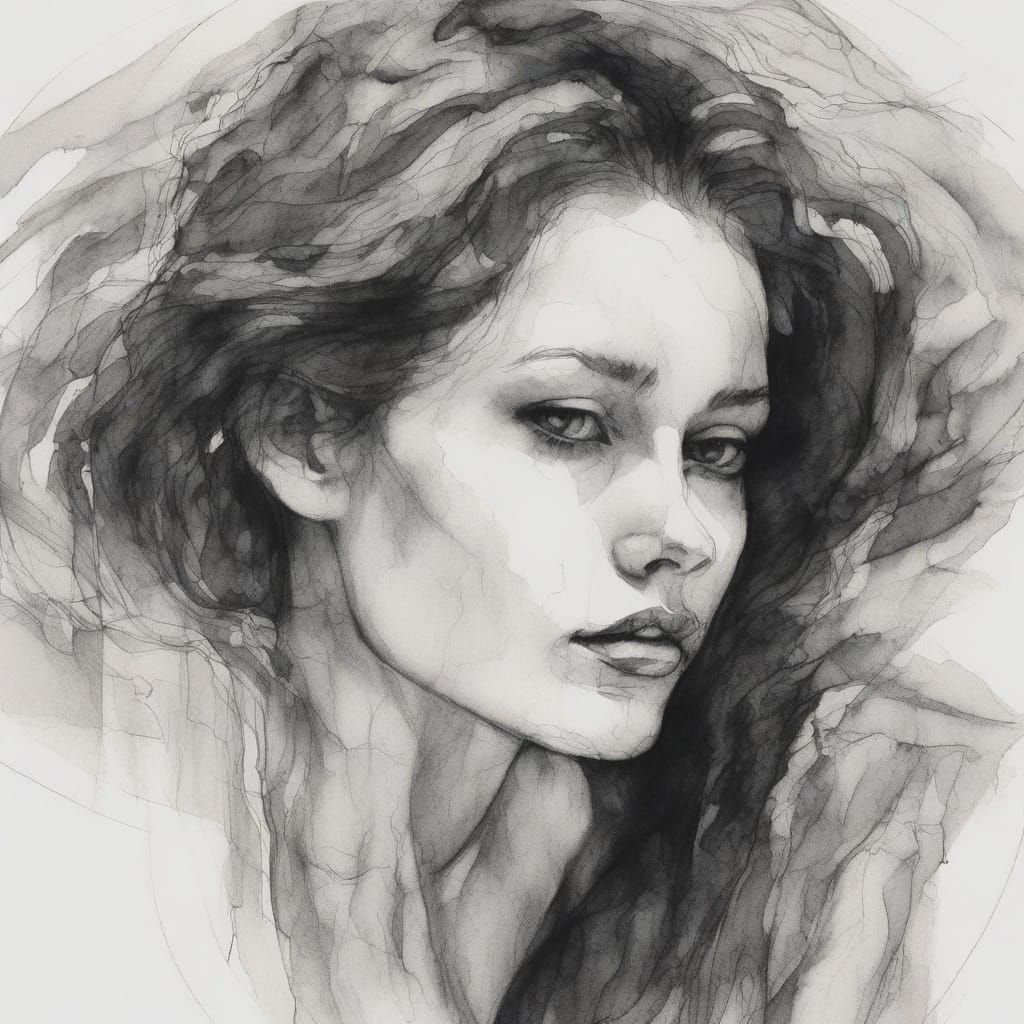 Astonished Girl in Ink Wash Style with Waves