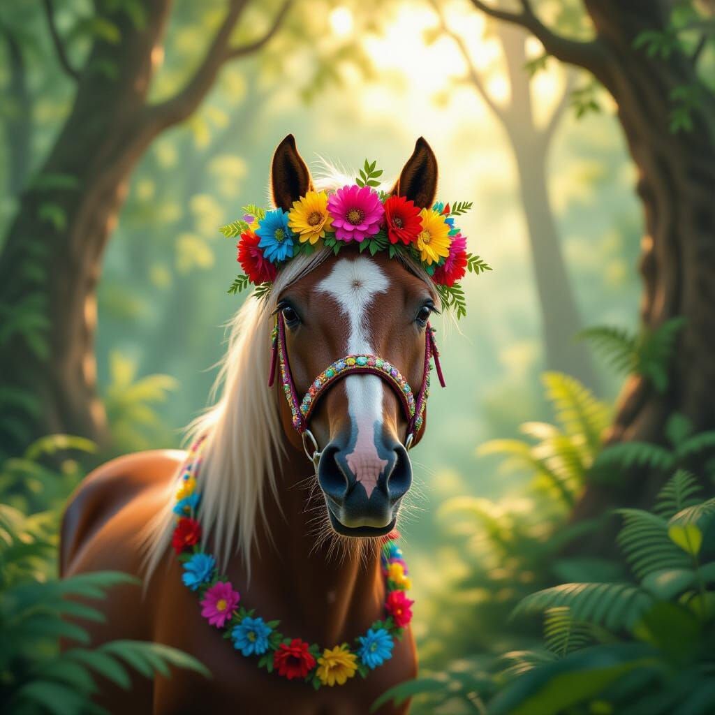 Floral Crown Horse Selfie in Dreamlike Forest