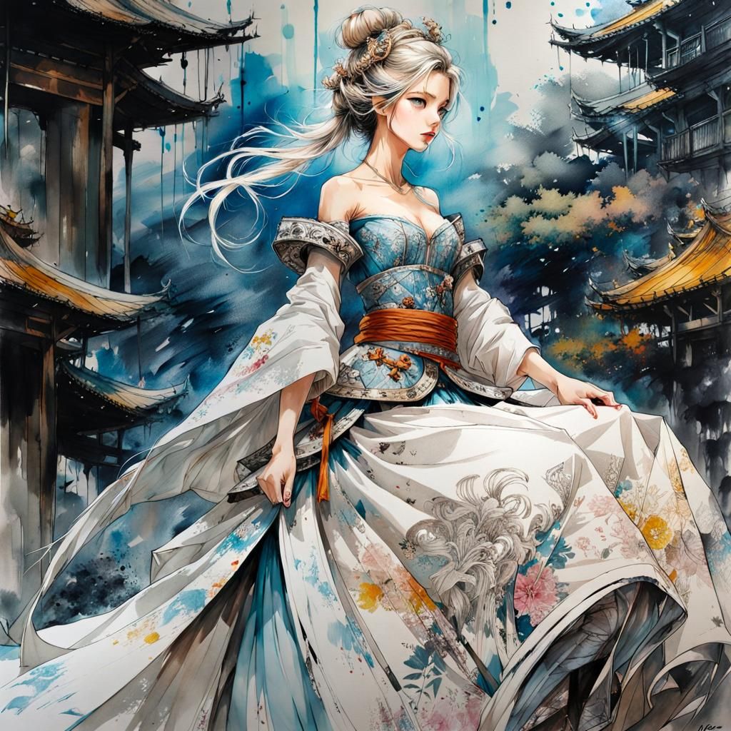 Cinderella in Samurai Outfit as Anime Ink Painting
