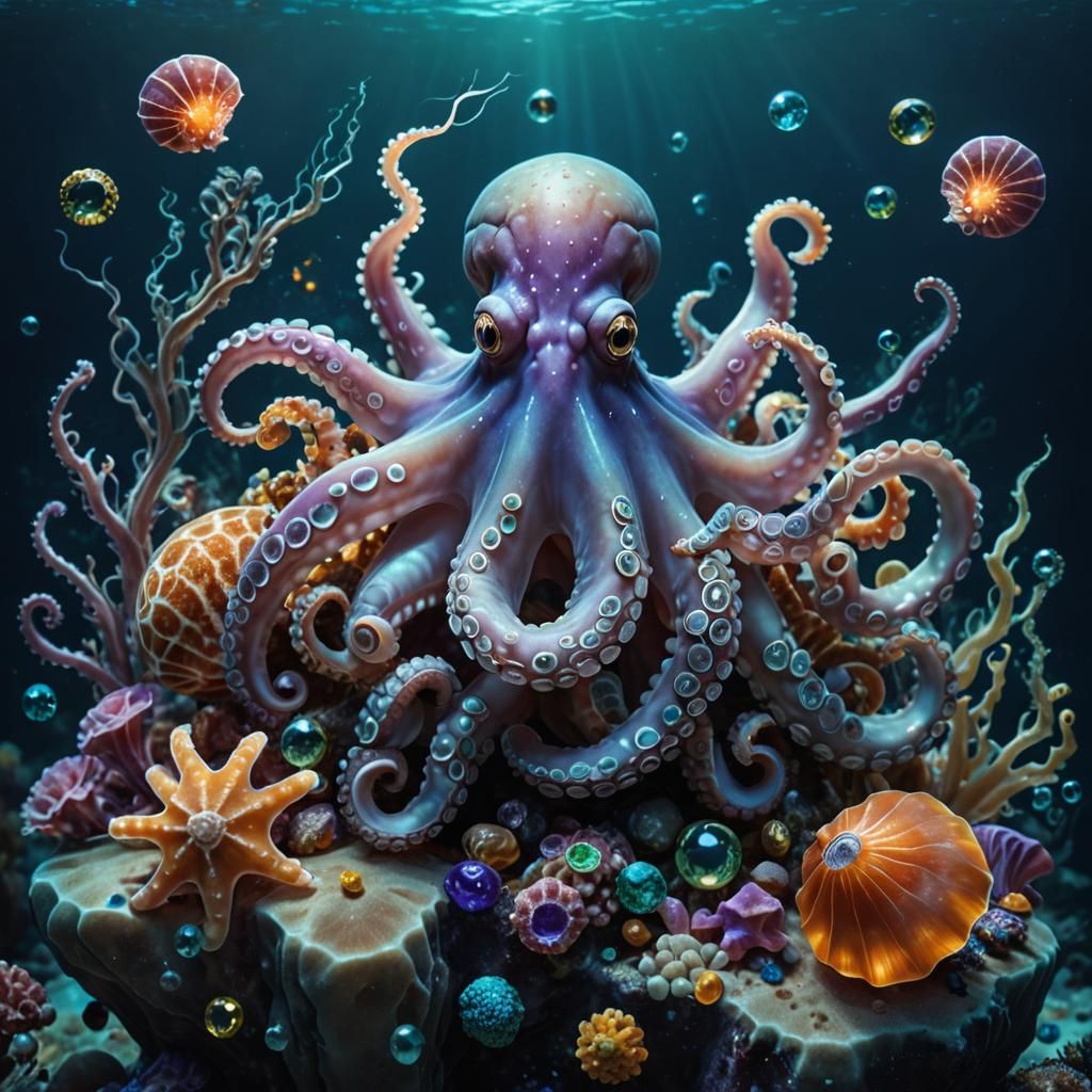 Underwater Octopus and Nudibranch in Surreal Bioluminescent ...