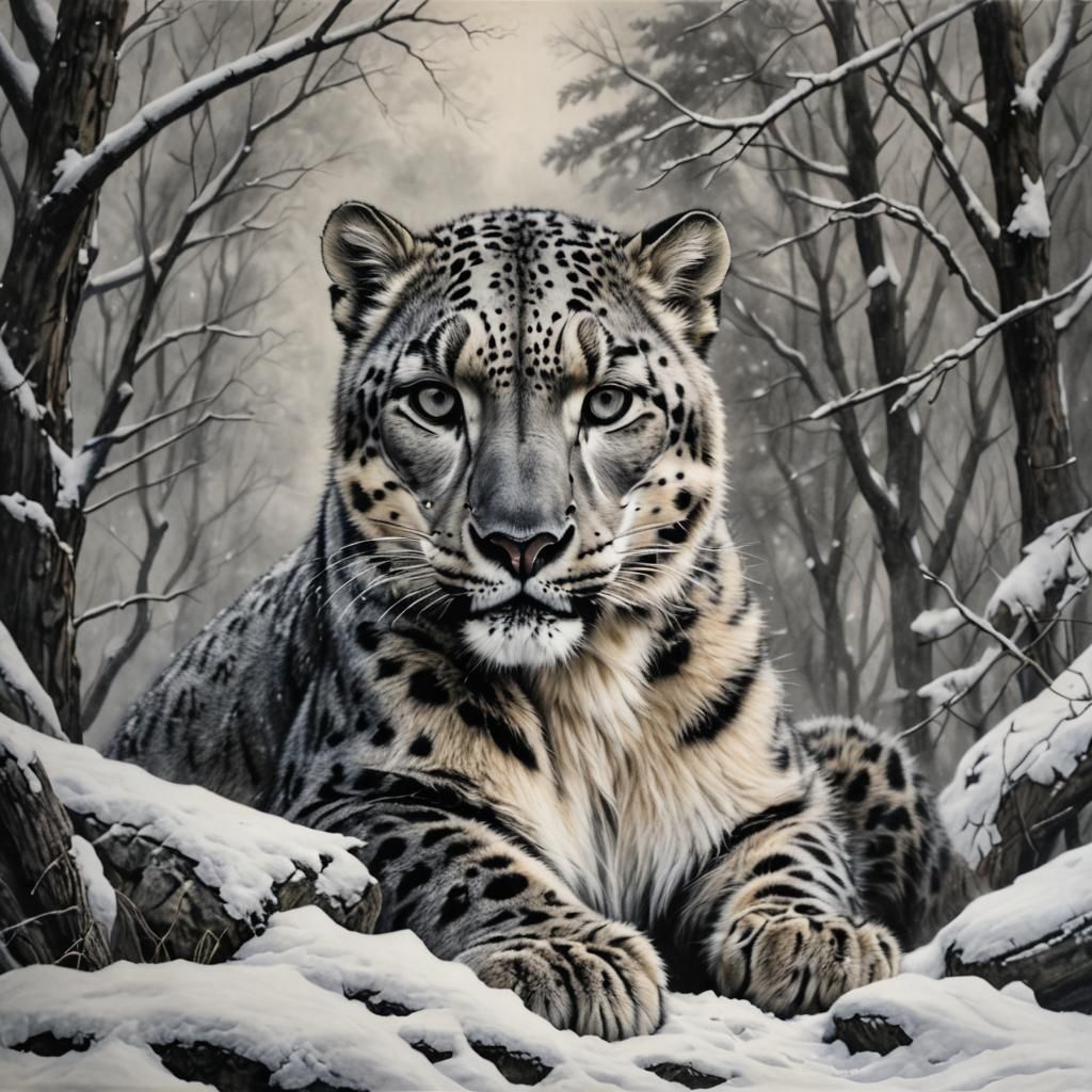 Hyperdetailed Charcoal Drawing of a Snow Leopard