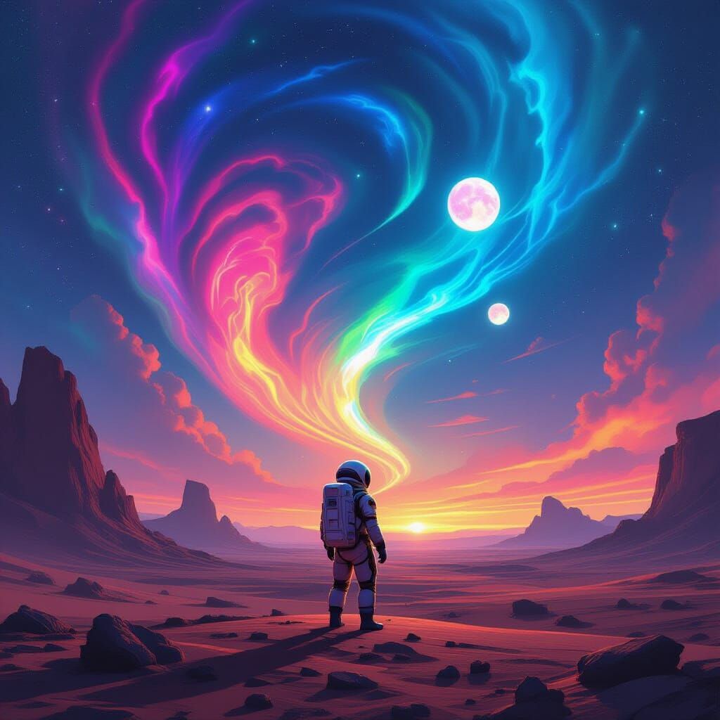 Astronaut on Alien Planet Under Neon Aurora Sky