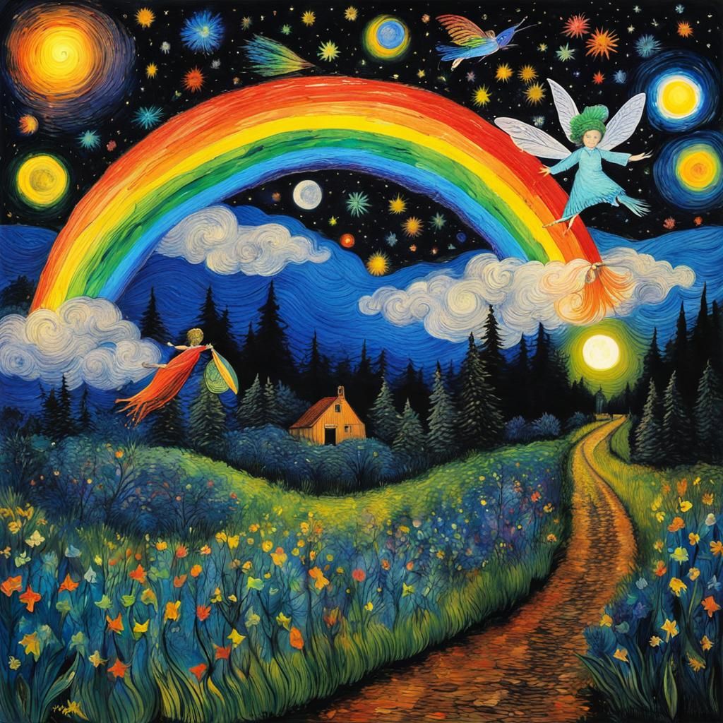 Fairy Flight on Starry Night, Crayon and Rayograph Style