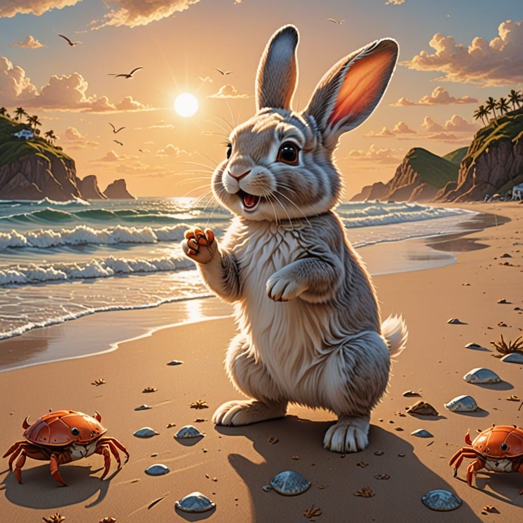 Bunny and Crab Dance on a Sunny Beach