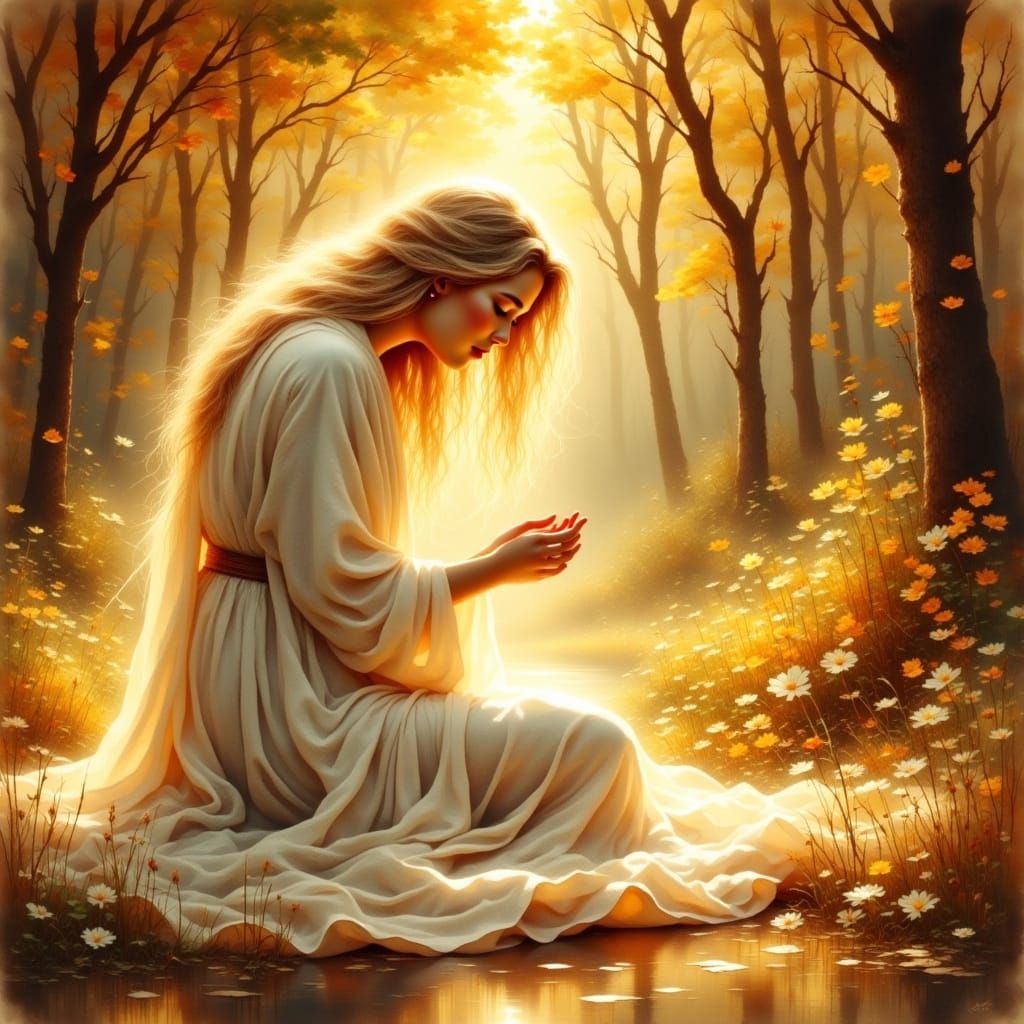 Woman Kneeling in Golden Light, Antique Watercolor