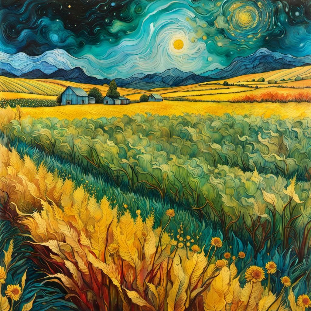 Harvested Farmland in Encaustic Alcohol Ink Style