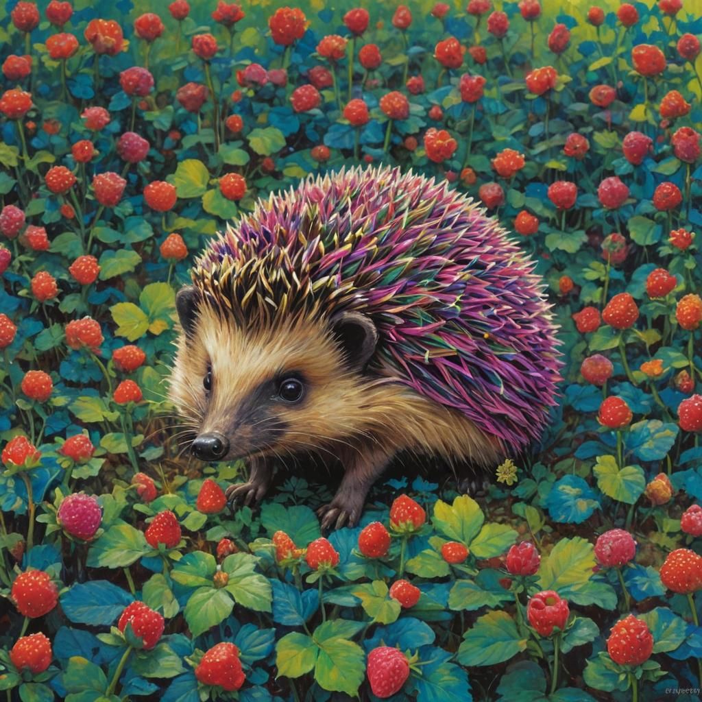 Fluorescent Hedgehog in Strawberry Field, Expressionist Colo...