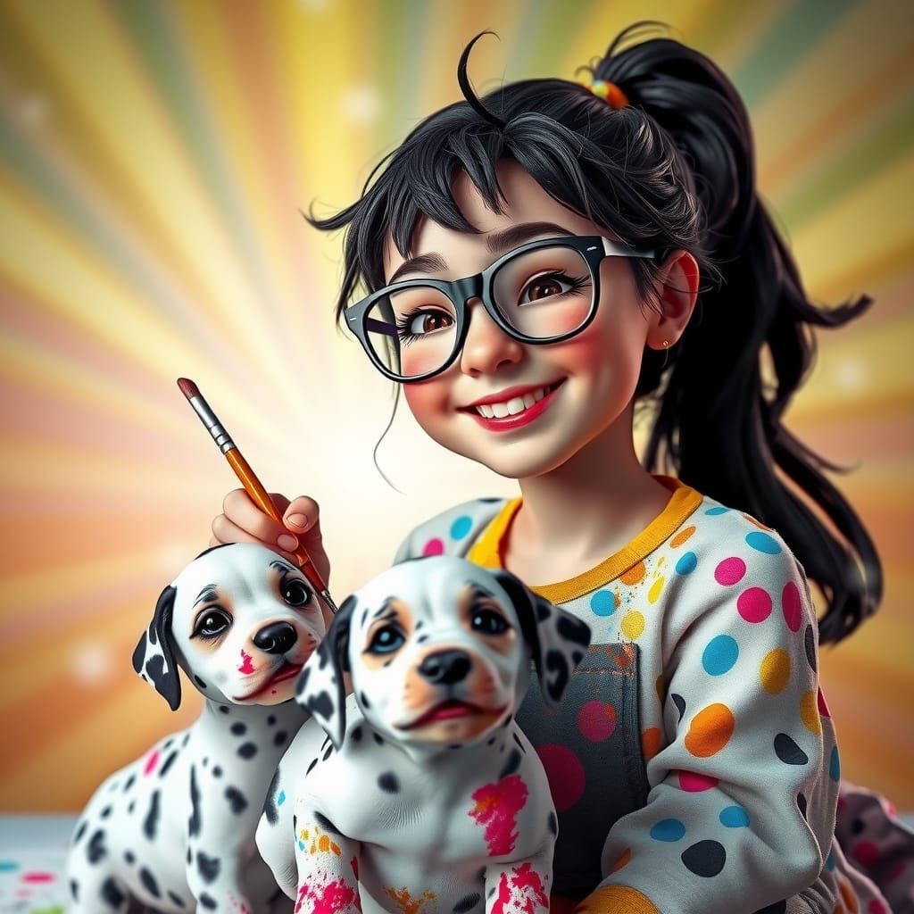 Girl Painting Dalmatian Puppies: 3D Digital Art