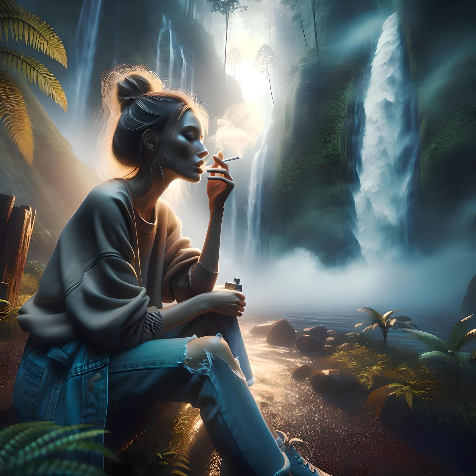 Generate an image creative upscaler 4K of a stoner chick smoking at a waterfall beautiful atmospheric accurate detailed ...