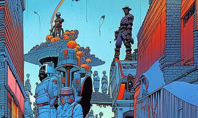 Rampaging Slavers in City Street: Moebius Style