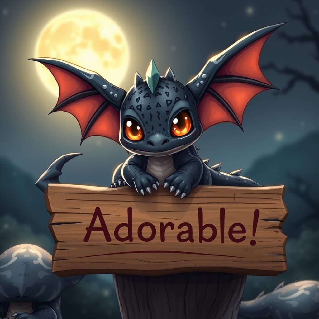 Chubby Obsidian Dragon Sits on Wooden Sign Under Epic Fantas...