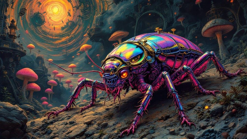 Steampunk Cockroach in Eerie, Iridescent Hues
