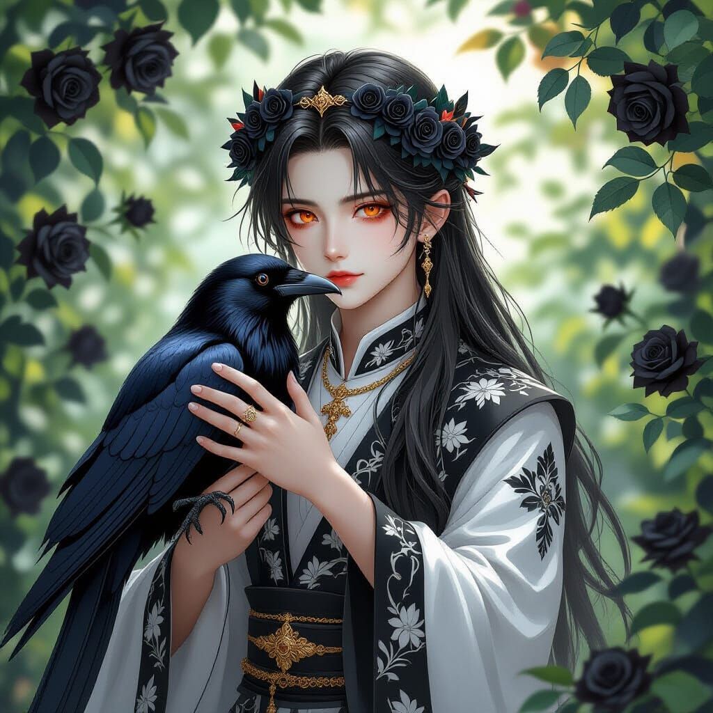 Cute Boy Hugs Raven in Lush Garden, Diamond Digital Painting