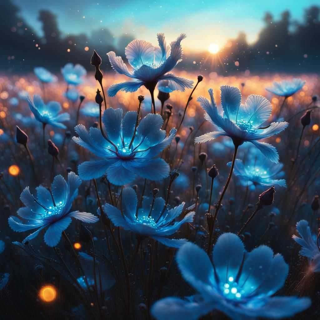 Bioluminescent Flower Field at Sunrise, Surreal Digital Art