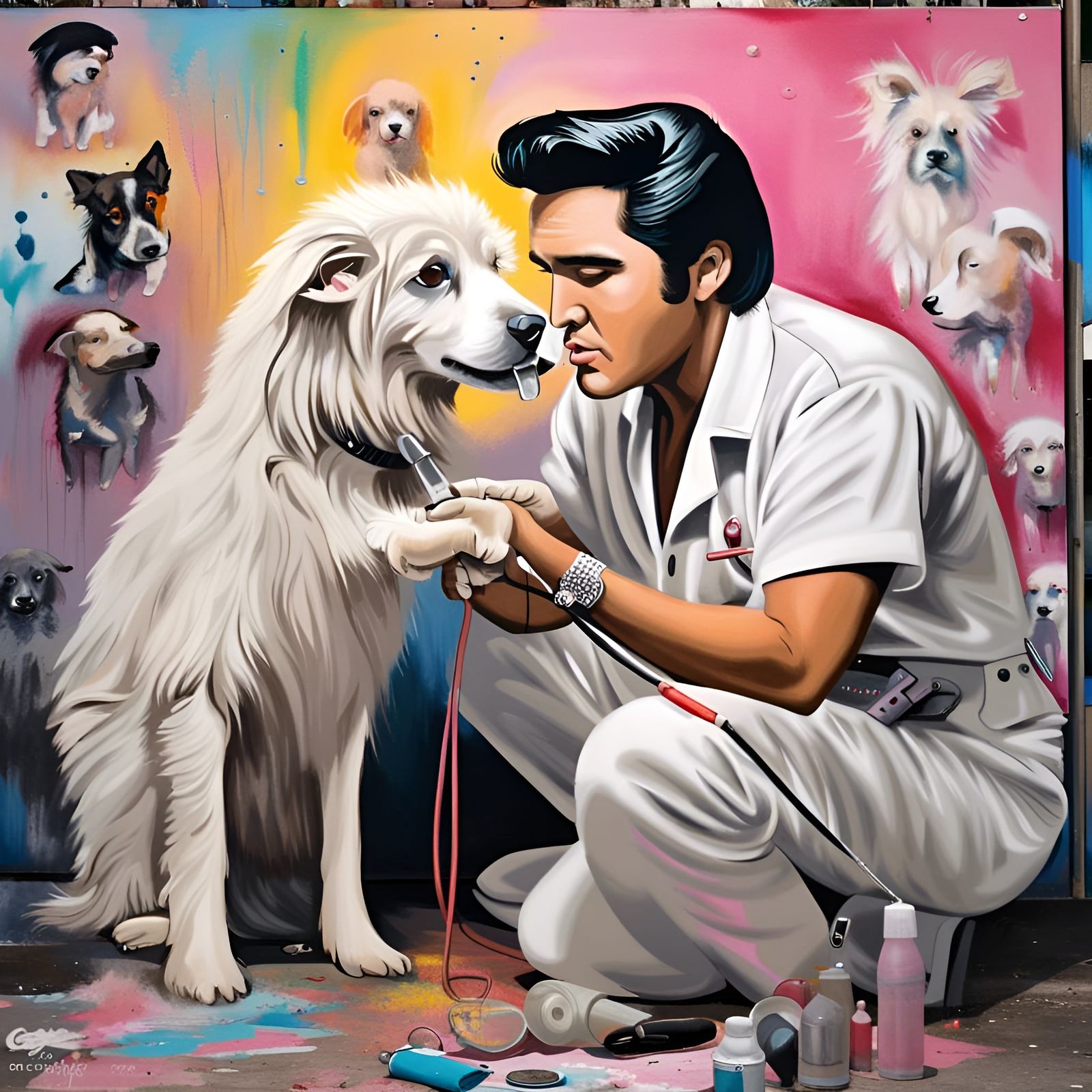 Elvis Presley: Glamorous Dog Trimmer in Graffiti Art