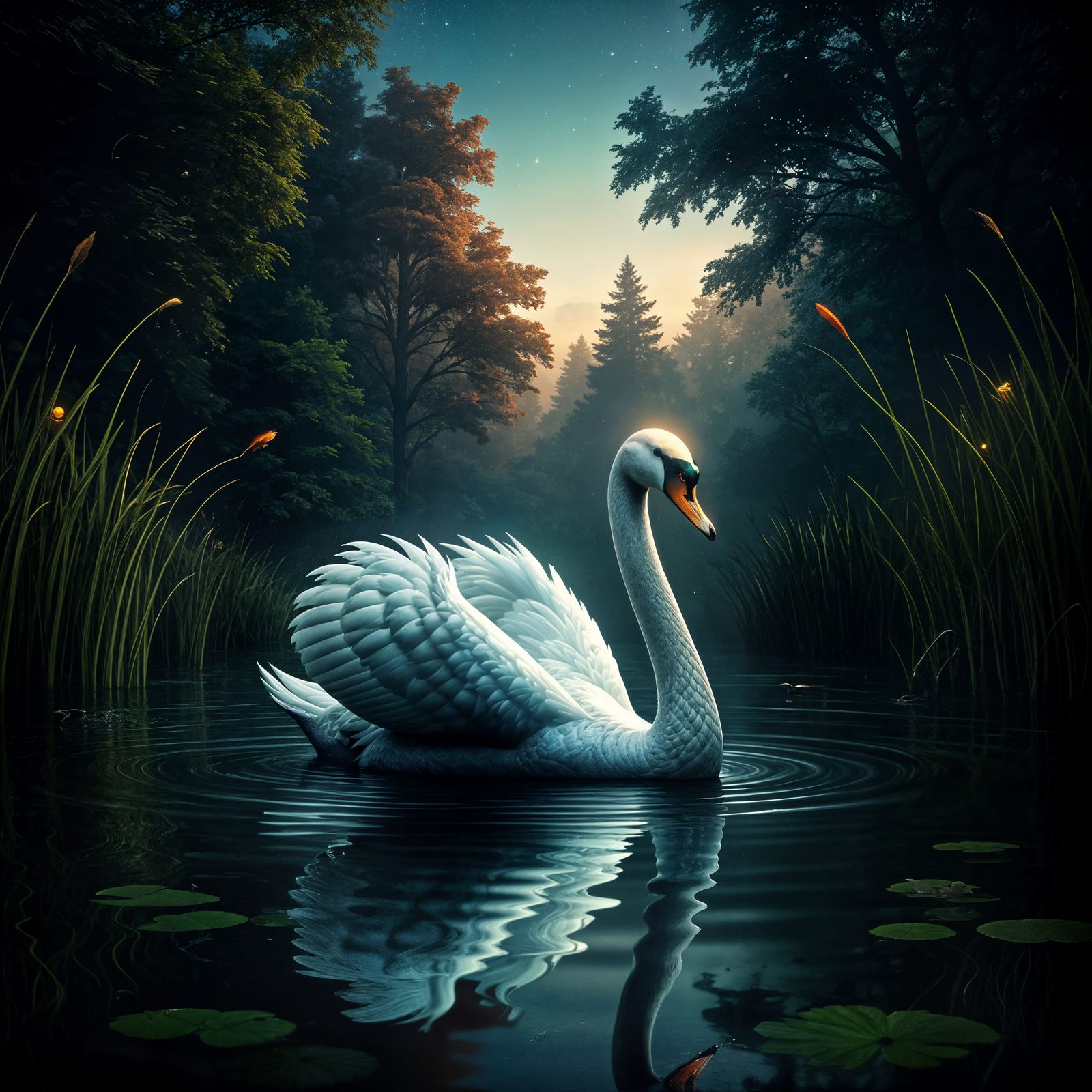 Cybernetic Swan in Twilight Pond: Hyperrealistic Image