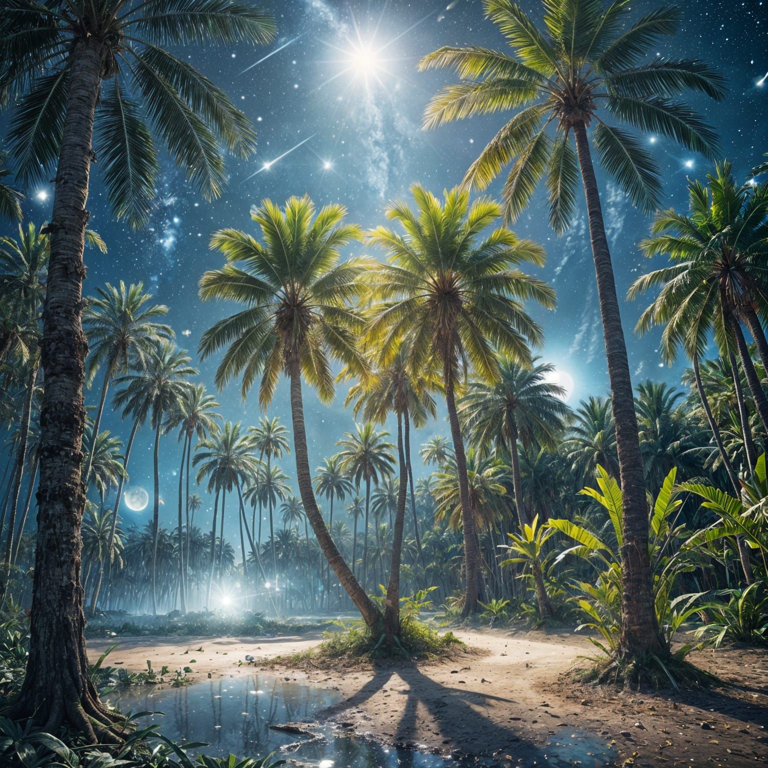 Magical Palm Forest Under a Starry Sky