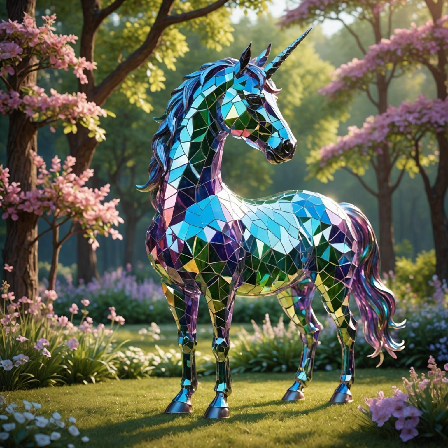 Opalescent Crystal Unicorn in Glass Meadow: 3D Render