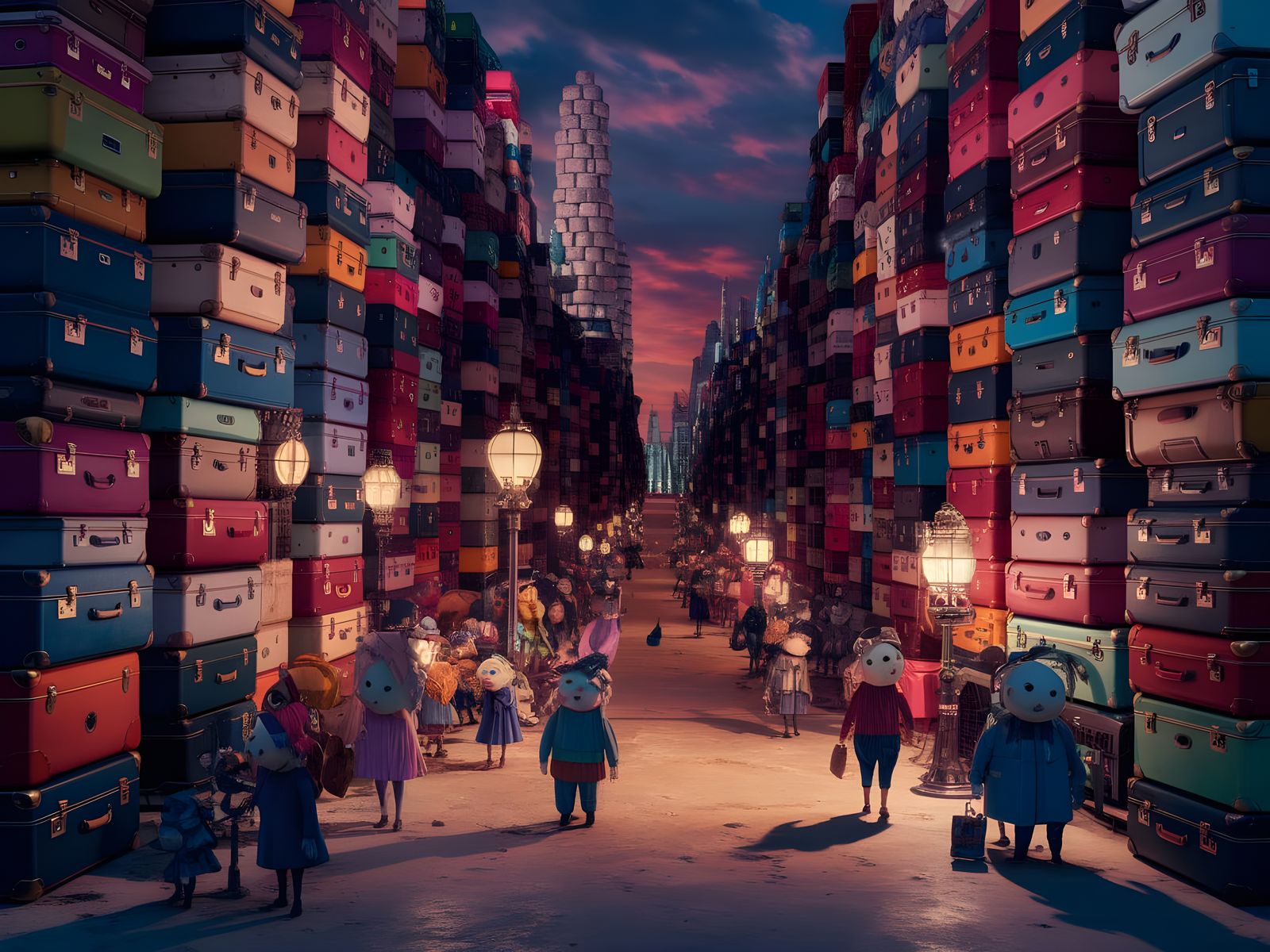 Whimsical Cityscape of Vintage Suitcases in a Dreamlike Sett...