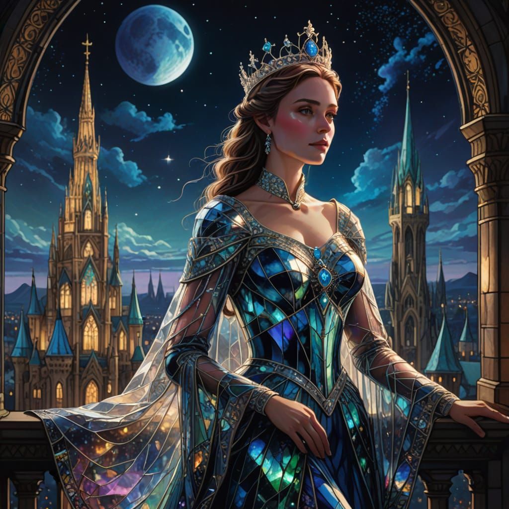 Regal Queen in Stained Glass Gown on Crystalline Balcony