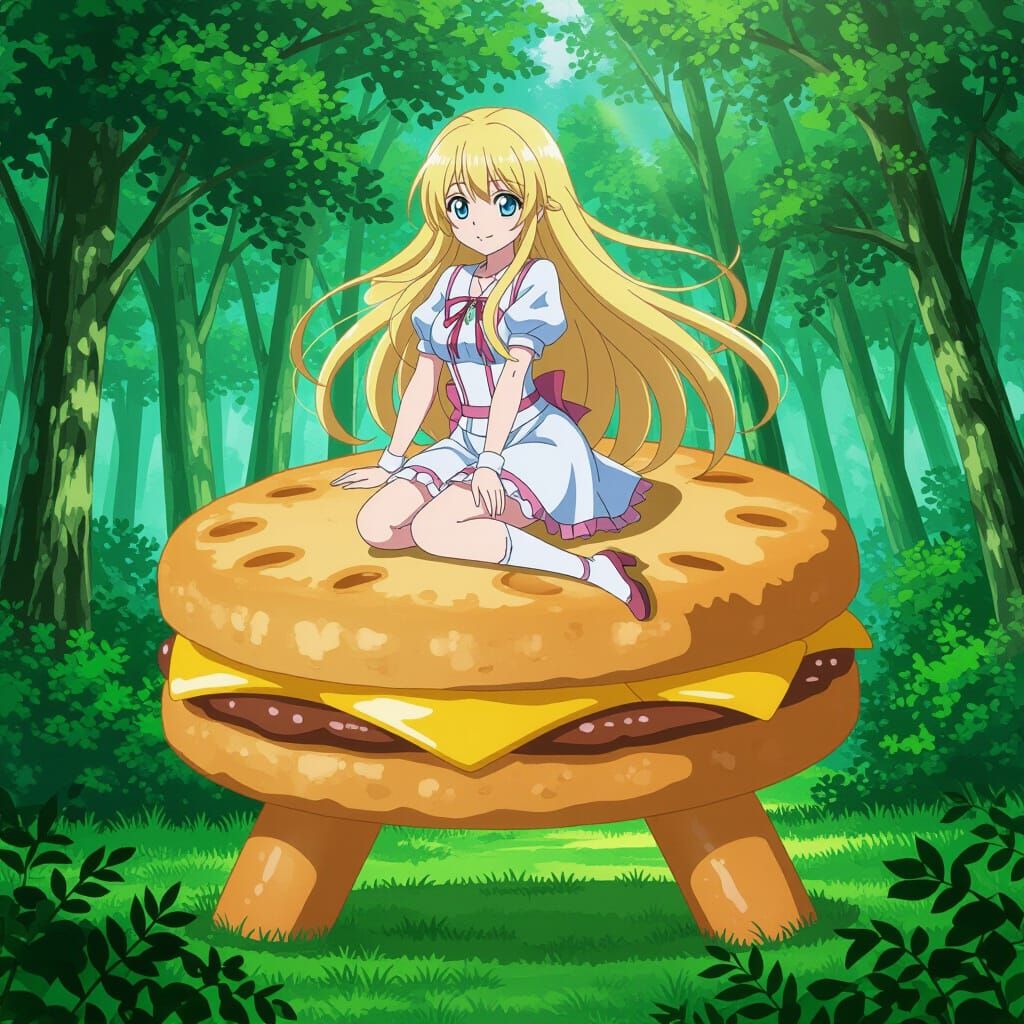 Anime Woman Rides Giant Biscuit Through Forest