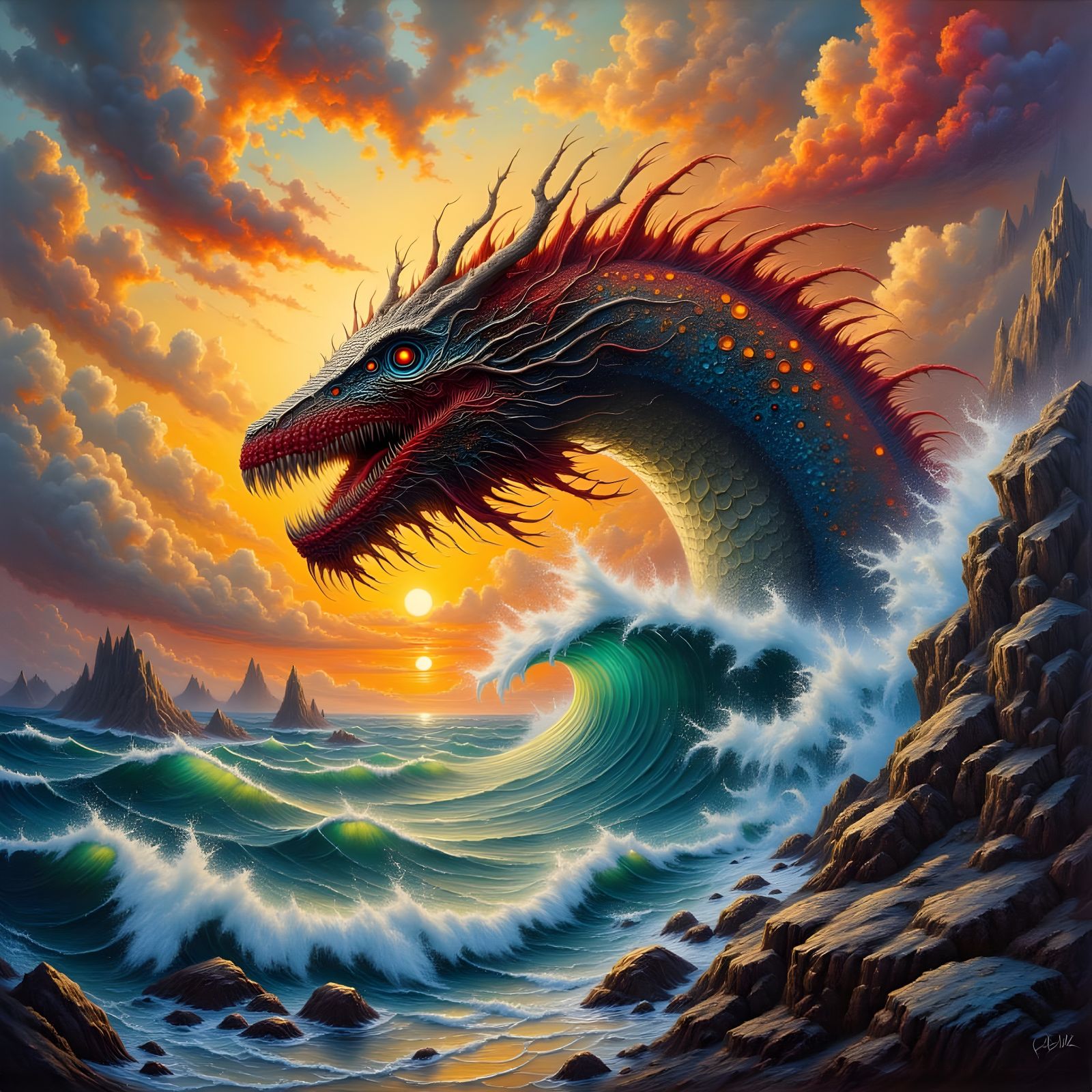 Steampunk Sea Serpent Monster in Stormy Sunset