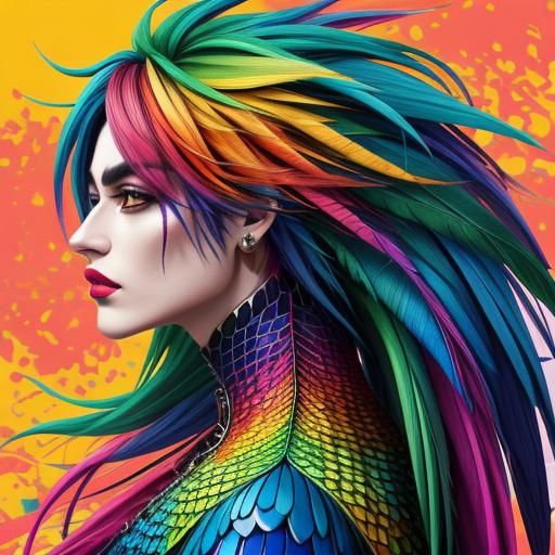 Woman with Rainbow Dragon Scales in Abstract Art