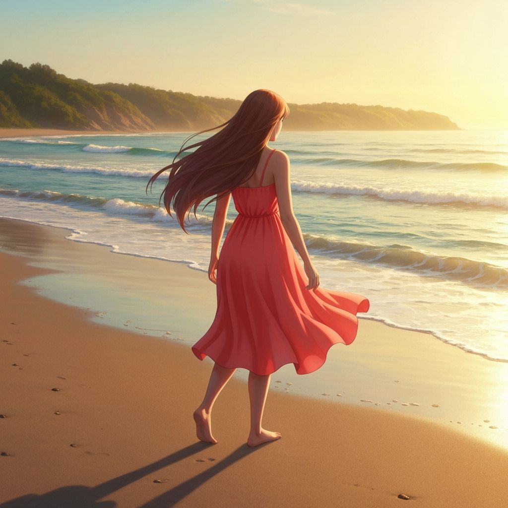 Woman on Beach at Sunset in Anime Style