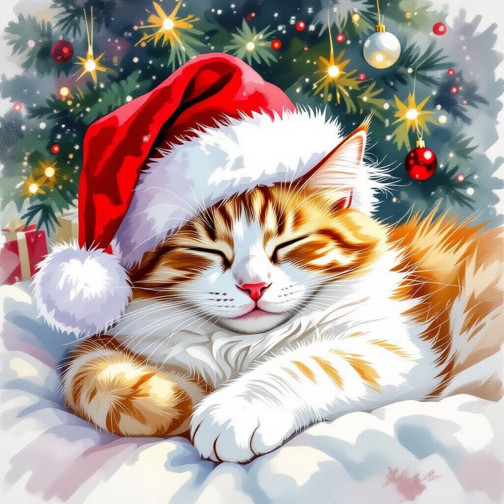 Sleeping Tabby Cat in Santa Hat with Xmas Tree Background