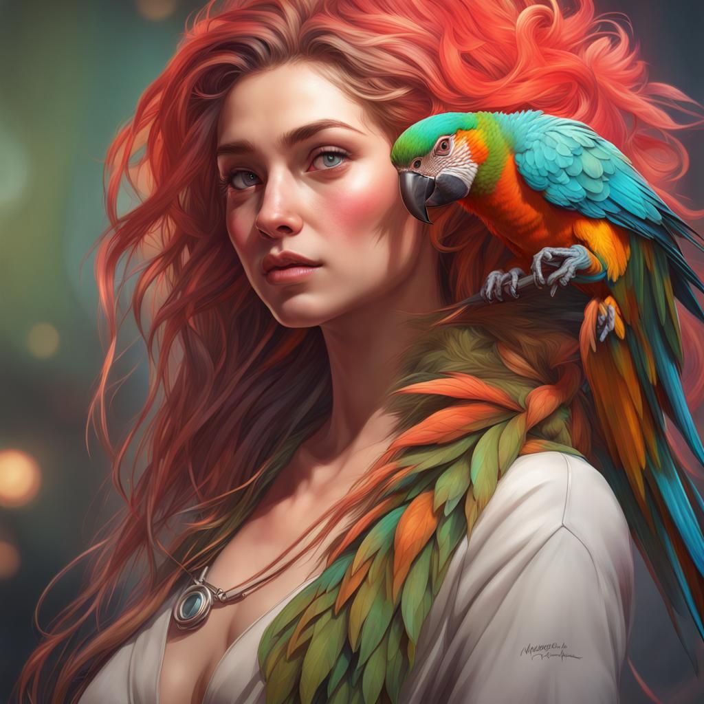 Conure Portrait with Human Hair in Detailed Digital Art