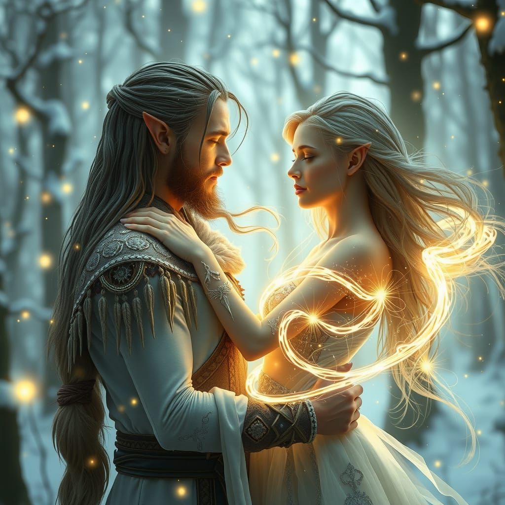 Elven Lovers in Ethereal Forest: Digital Art