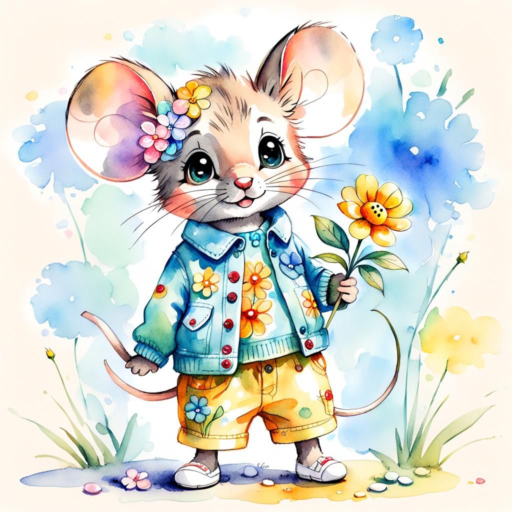 Whimsical Watercolor Portrait of a Smiling Toy-Mouse Cub in ...