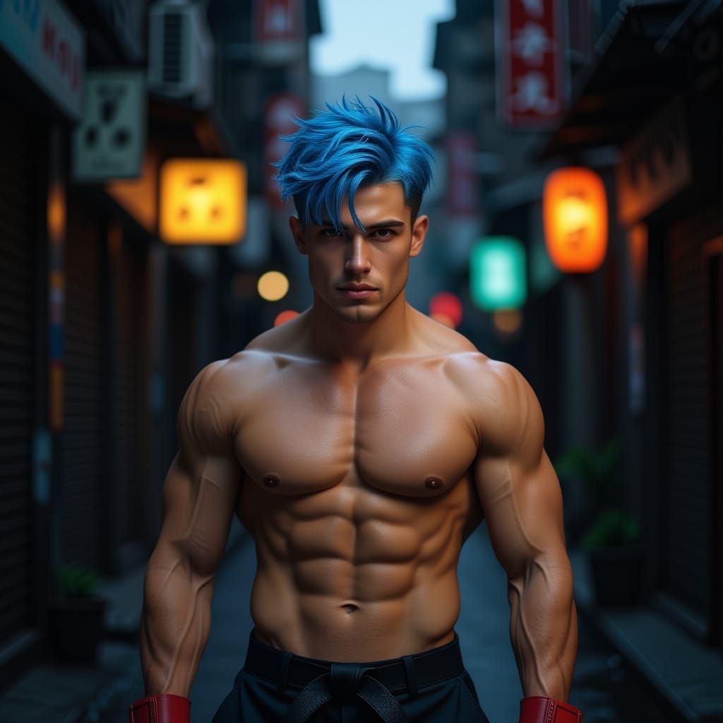 Moody Streetfighter with Blue Hair in Cinematic City