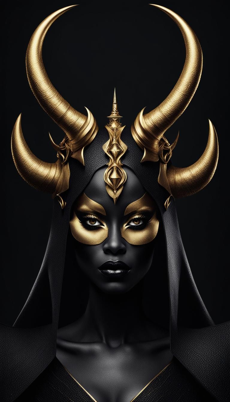 Devil Queen Portrait with Golden Horns in Film Noire Style