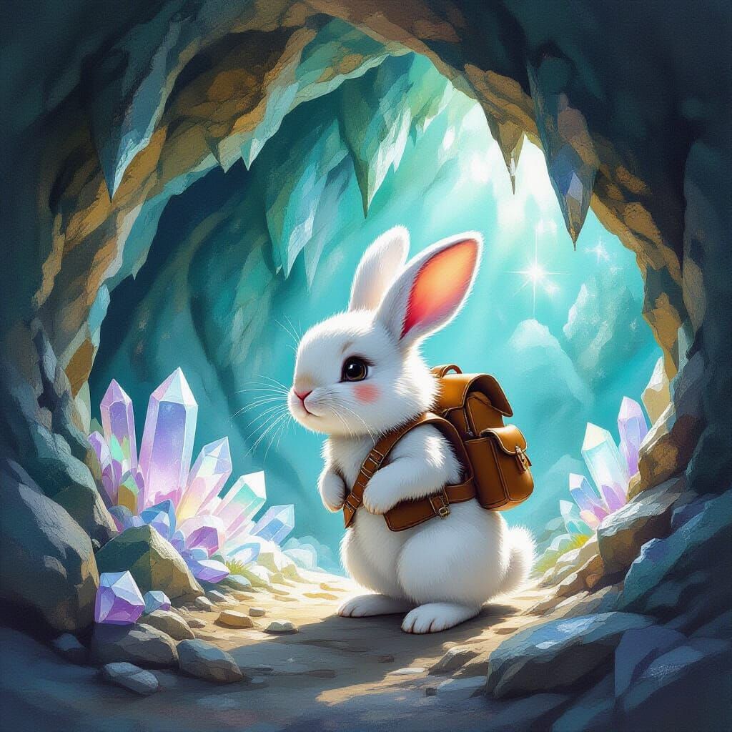 Fluffy Rabbit Explorer in Shimmering Crystal Cave