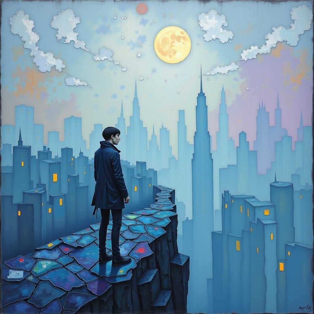 Emotional Cartographer in Foggy Cityscape