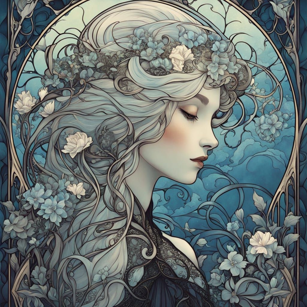 Art Nouveau Woman with Blue Flowers and Gothic Lace