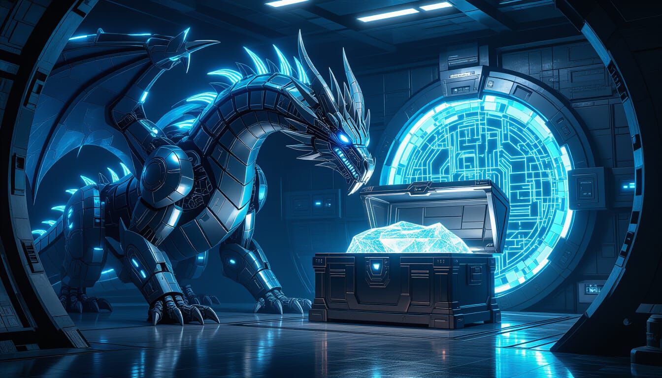 Cyber Dragon Guards Futuristic Tech Vault