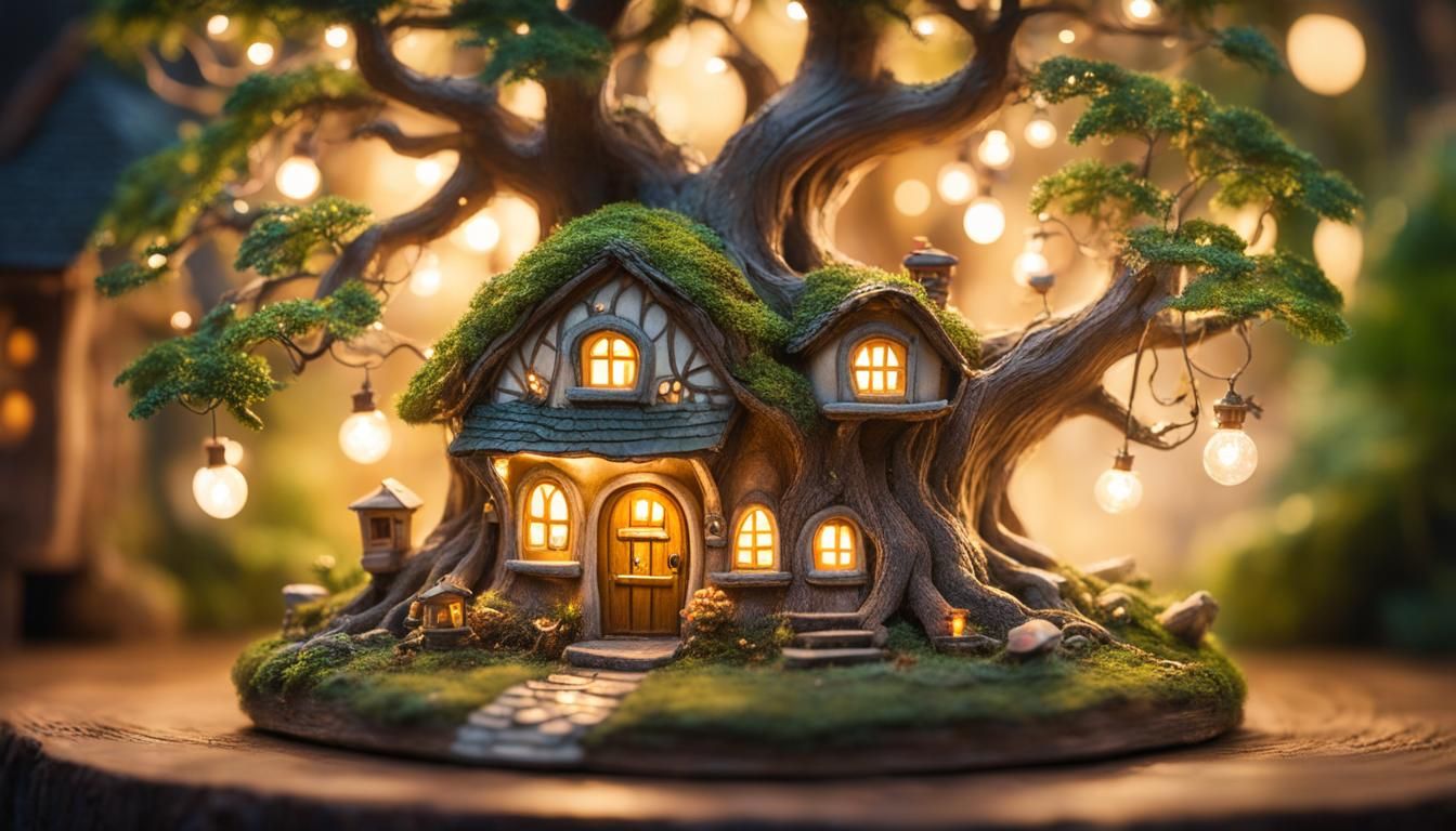 Whimsical Fairy House Between Tree Roots