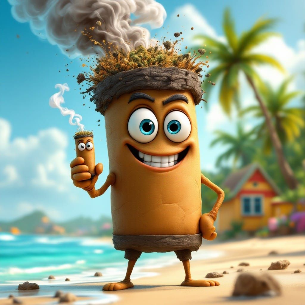Cheerful Joint Character on Jamaican Beach in 3D Style